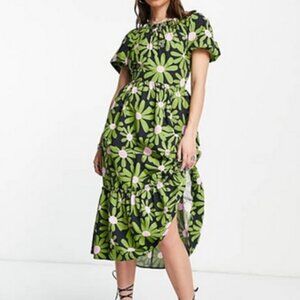 TOPSHOP green floral puff-sleeve midi dress, US 2.